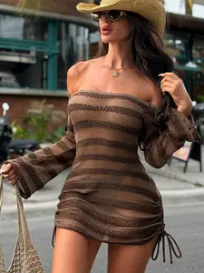 Sable x Swim SXY Women's Chocolate Brown Flare Sleeve Drawstring Off Shoulder Mesh See Through Dress,Summer Boho Beach Holiday Holiday Coffee Brown Cover-Up
