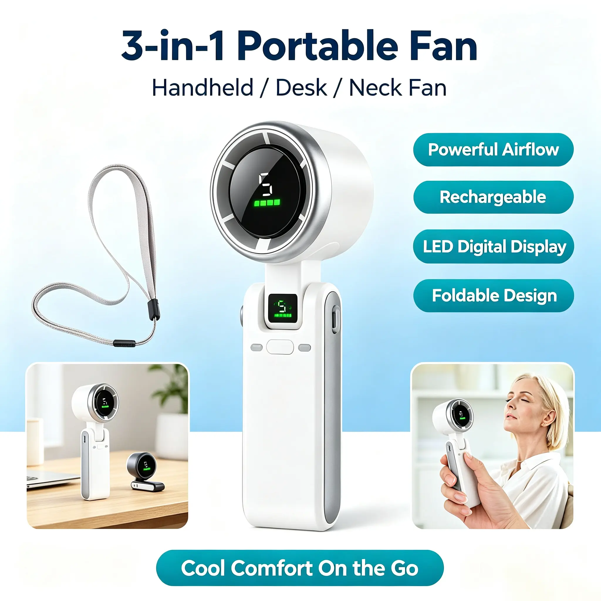 Rechargeable Cordless 3-in-1 Turbo Mini Handheld Fan - 180° Foldable, 3600mAh Battery, LED Light Display, 5 Speed Settings, LED-Lit for Travel, Outdoor Use portable