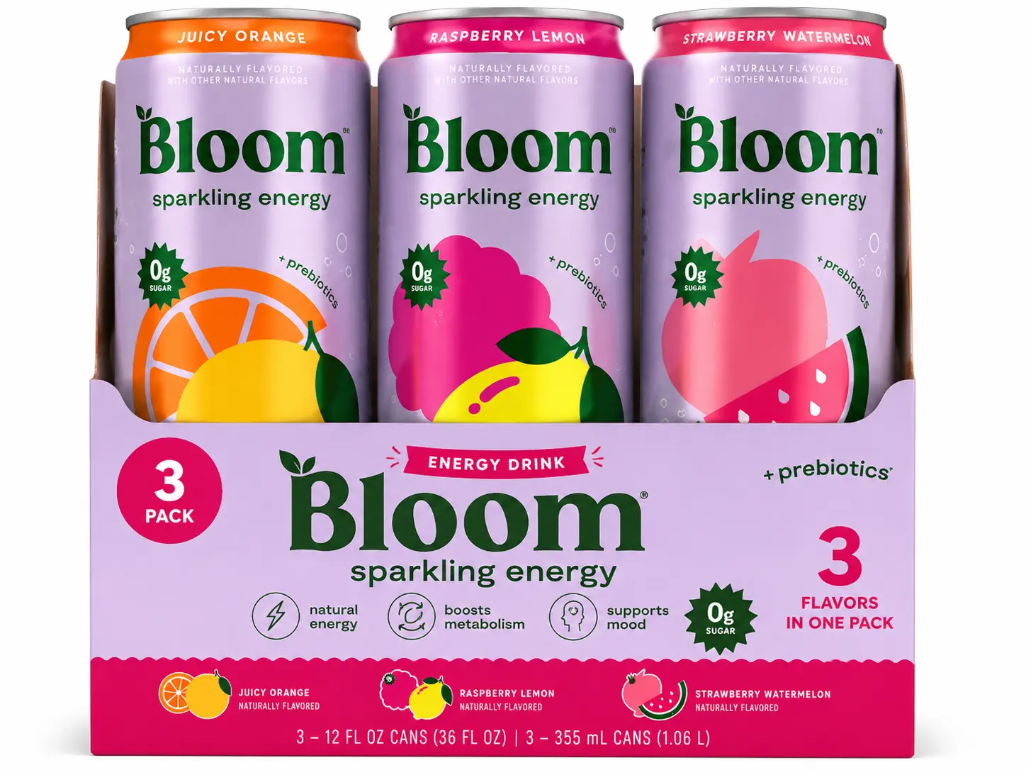 Bloom Nutrition Sparkling Energy Drink Variety Pack, 12 fl oz Cans, 3 Pack – Juicy Orange, Raspberry Lemon & Strawberry Watermelon