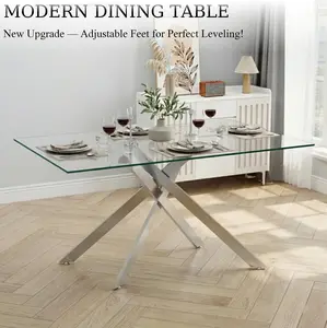 51.18" Rectangular Tempered Glass Dining Table for 4-6, Modern Silver Chrome Legs, Adjustable Feet, Modern Kitchen Table,Scratch Resistant for Kitchen/Living Room, Silver