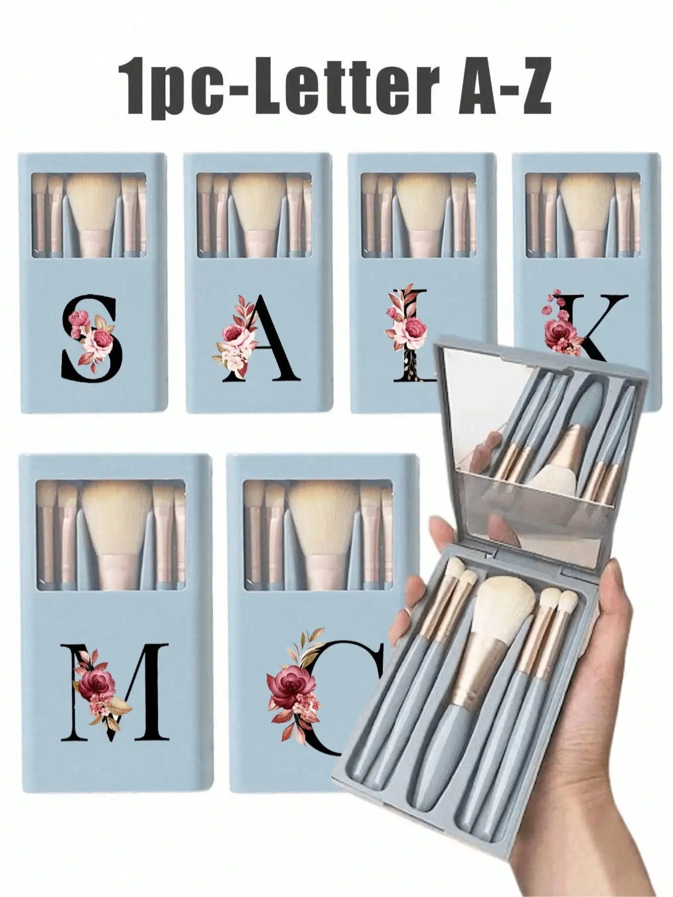 This 5-piece portable makeup brush set, Brush kit, includes a mirror and is printed with white daisies and the letters A-Z. It's a boxed, multi-functional makeup brush set with a mirror case, and an ideal gift for a girl, Travel brush set