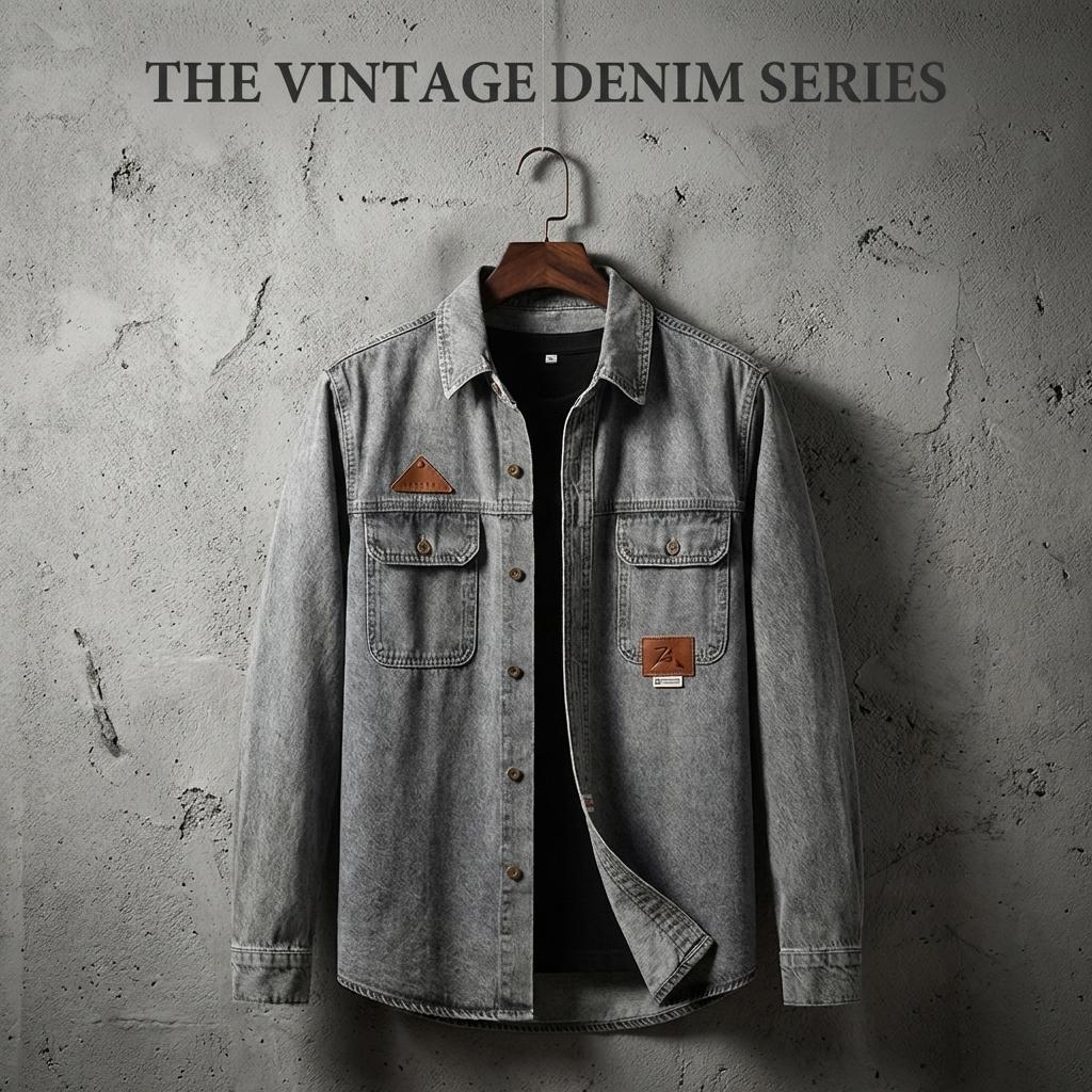 Men's  Washed Denim Shirt, Retro Distressed Biker  Shirt， Classic Trucker Shirt with Shoulder Stitching, Casual Button-Down Motorcycle Denim Shirt  for Men, Fashion Streetwear Denim Shirt for Daily Wear, Riding, Outdoor