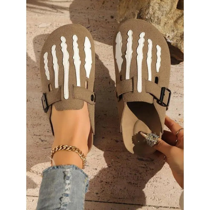 Women's Fashionable Skeleton Print Slides, Casual Comfortable Soft Slippers for Indoor Outdoor Wear, All-match Commuter Shoes for Work & Daily Wear, Girl, Stitched Slippers