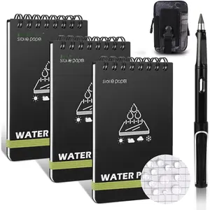 Notebook set of 5,3 x 5 Stone Paper Pocket Notepads,Portable  Weather Notebooks for Indoor & Field  Notepad w/3pcs Small Spiral Note book, Pen & Storage Bag (5pcs, Black)