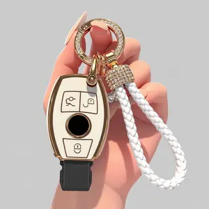 for Mercedes Benz Key Fob Cover with Keychain, 3 Buttons Tpu Rubber Key Fob Case Fit for Mercedes Benz C E S M G R Class AMG CLK GLA GLC GLE GLK CLA CLS GLS