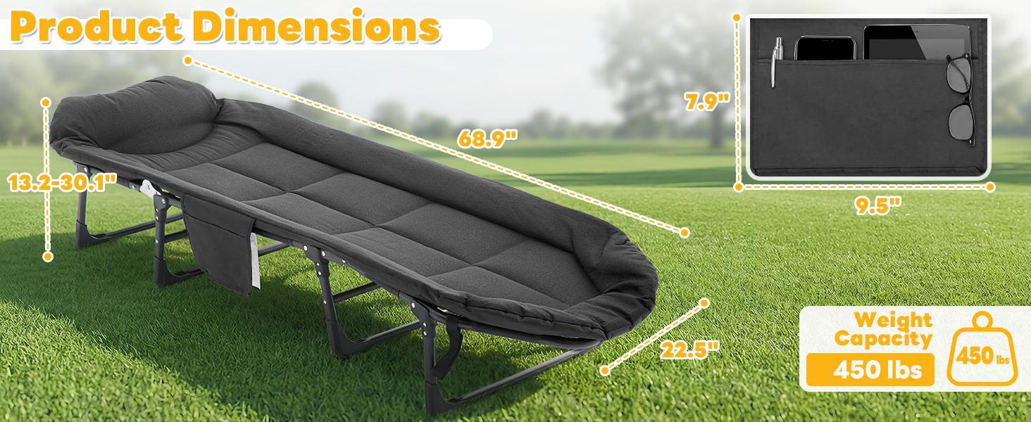 Adjustable Adult Folding Camping Cot with Mattress, 6-Position Reclining Portable Outdoor Bed, Lightweight with Carry Bag, 450 lbs Weight Capacity for Camping, Office & Indoor Use