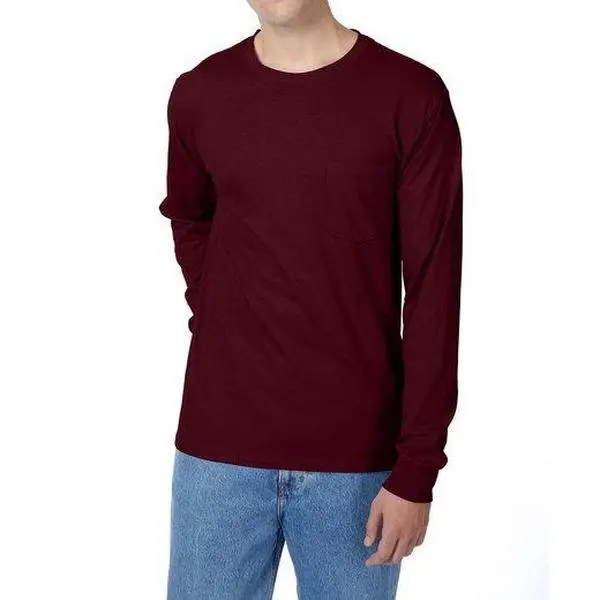 Hanes Men's Classic Fit Long-Sleeve Pocket T-Shirt, Plain Soft Cotton Crewneck with Ribbed Cuffs, Breathable Workwear & Loungewear