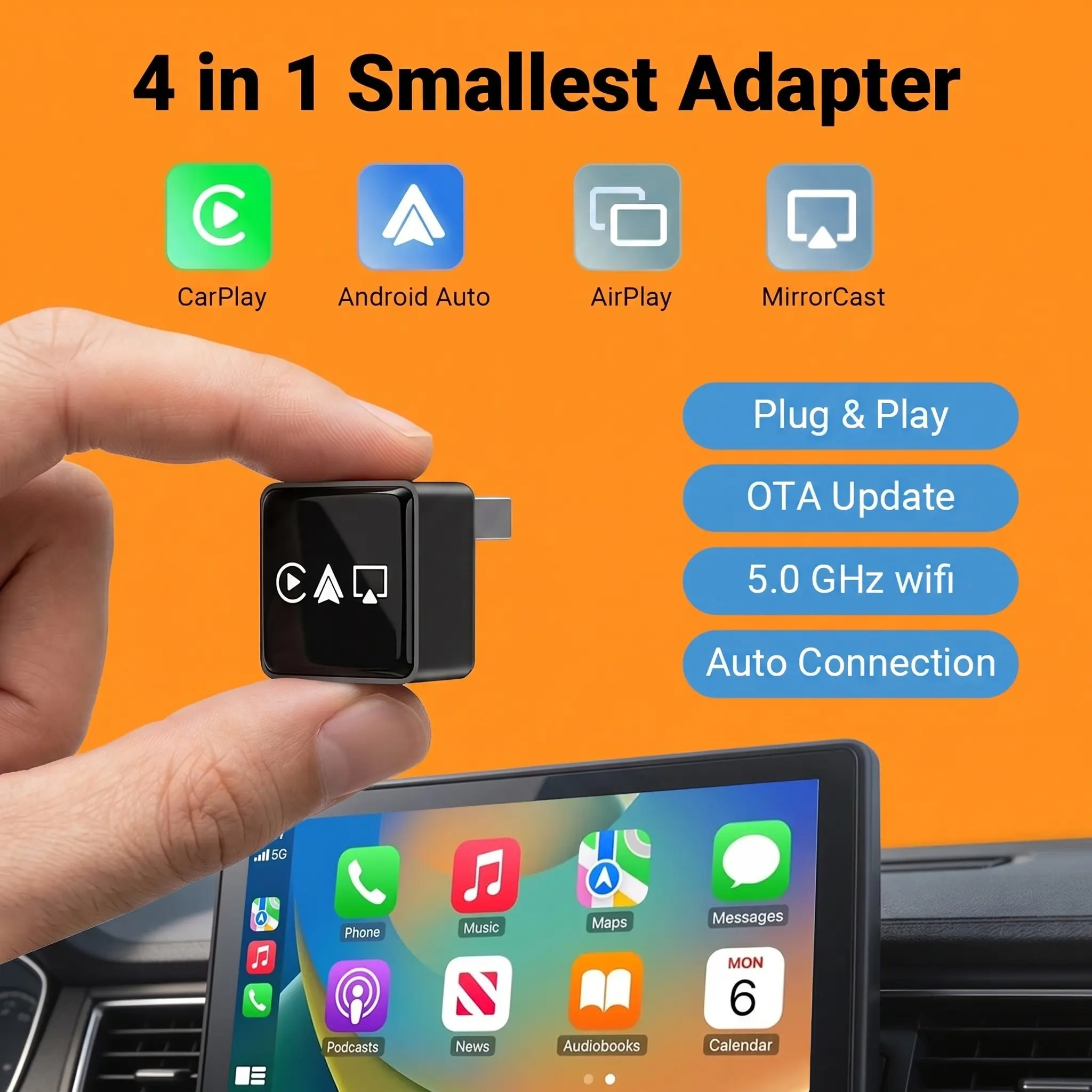 Mini 4in1 Wireless CarPlay Android Auto Adapter, Multifunctional Car Dongle Built in AirPlay MirrorCast Bluetooth, Easy Installation Plug & Play Smart Car Multimedia Connectivity Device for Daily Driving