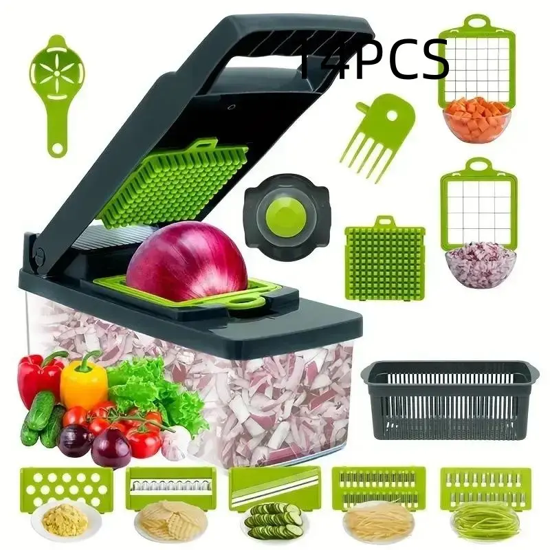 14-Piece Vegetable Chopper Set, Multi-Functional Fruit Slicer, Manual Food Grater with Storage Container, Onion Cutter with Interchangeable Blades, Home Kitchen Accessories, Vegetable Cutting Slicer, Slicer Dicer Cutter