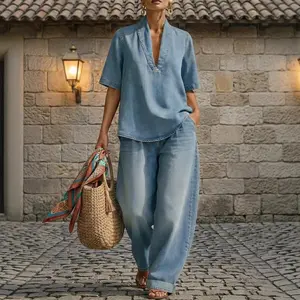 Women's 2-Piece Loose-Fitting Plus Size Lounge Set, Quarter-Zip Pullover Top, Half-Sleeve, Zipper Round Neck, Wide Leg Pants, Casual Sweatsuit Outfit, Minimalist Basic, 2026 Summer Fashion Solid-Color Womenswear