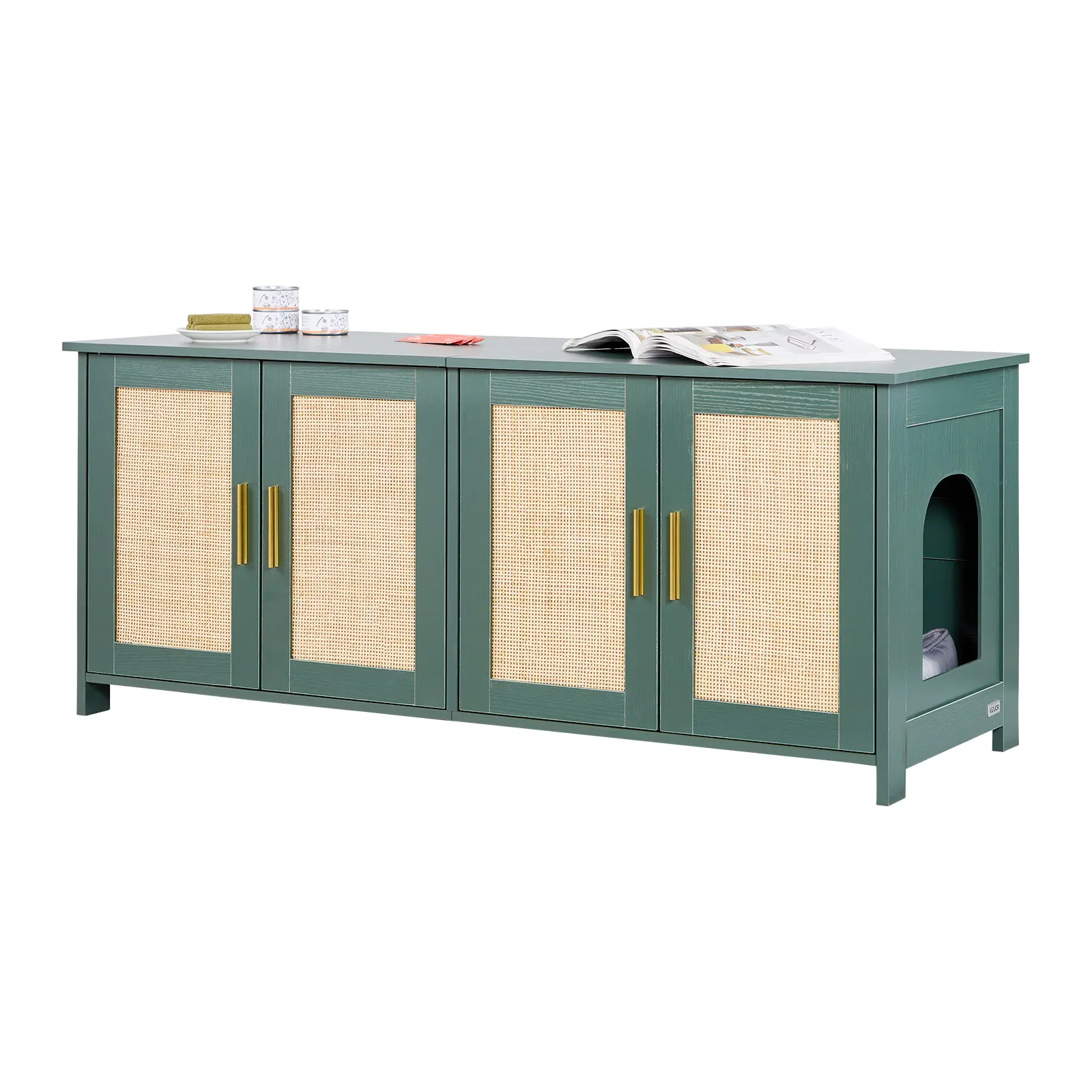 【SummerFinds】VEVOR Cat Litter Box Enclosure for Multi Cats, 47.2 in Hidden Litter Box Cabinet with 4 Rattan Doors & 2 Entries, Indoor Cat Washroom, Wooden Kitty House Furniture, Fit Most Litterboxes, Green