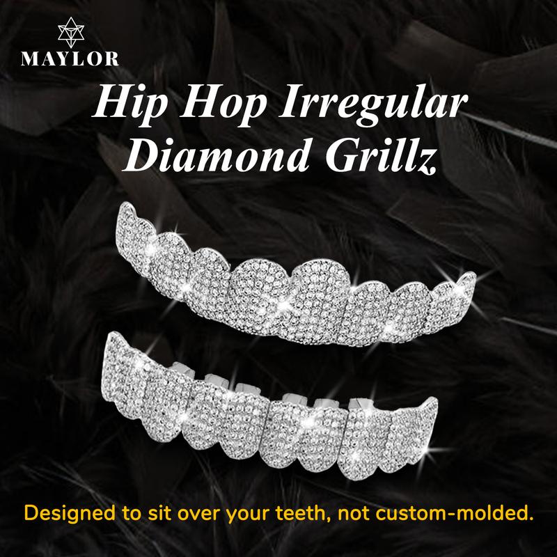【Valentine's Day gift】MAYLOR Unisex Hip Hop Zirconia Teeth Diamond Grillz,Designed to sit over your teeth, not custom-molded, Cubic Zirconia Grillz for Men & Women, 10 Teeth Top and Bottom Punk Dental Jewelry Gift
