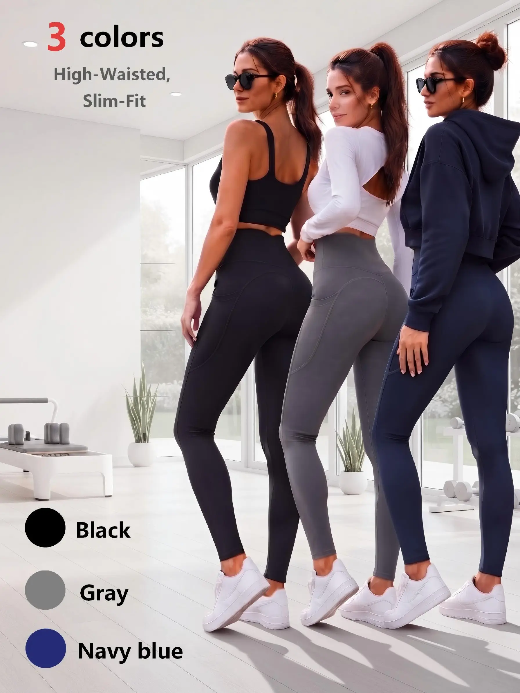 Women's 3-Pack High Waist Polyester-Spandex Yoga Leggings with Pockets - Squat-Proof, Tummy Control, Moisture-Wick All-Season Workout Bottoms, Dry Clean Womenswear Gym Tights Fitness Bottoms Lightweight Athletic Leggings