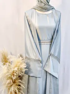 Elegant Asiya Satin Baby Blue Abaya with Long Sleeves and Rhinestones dress maxi elegant womenswear