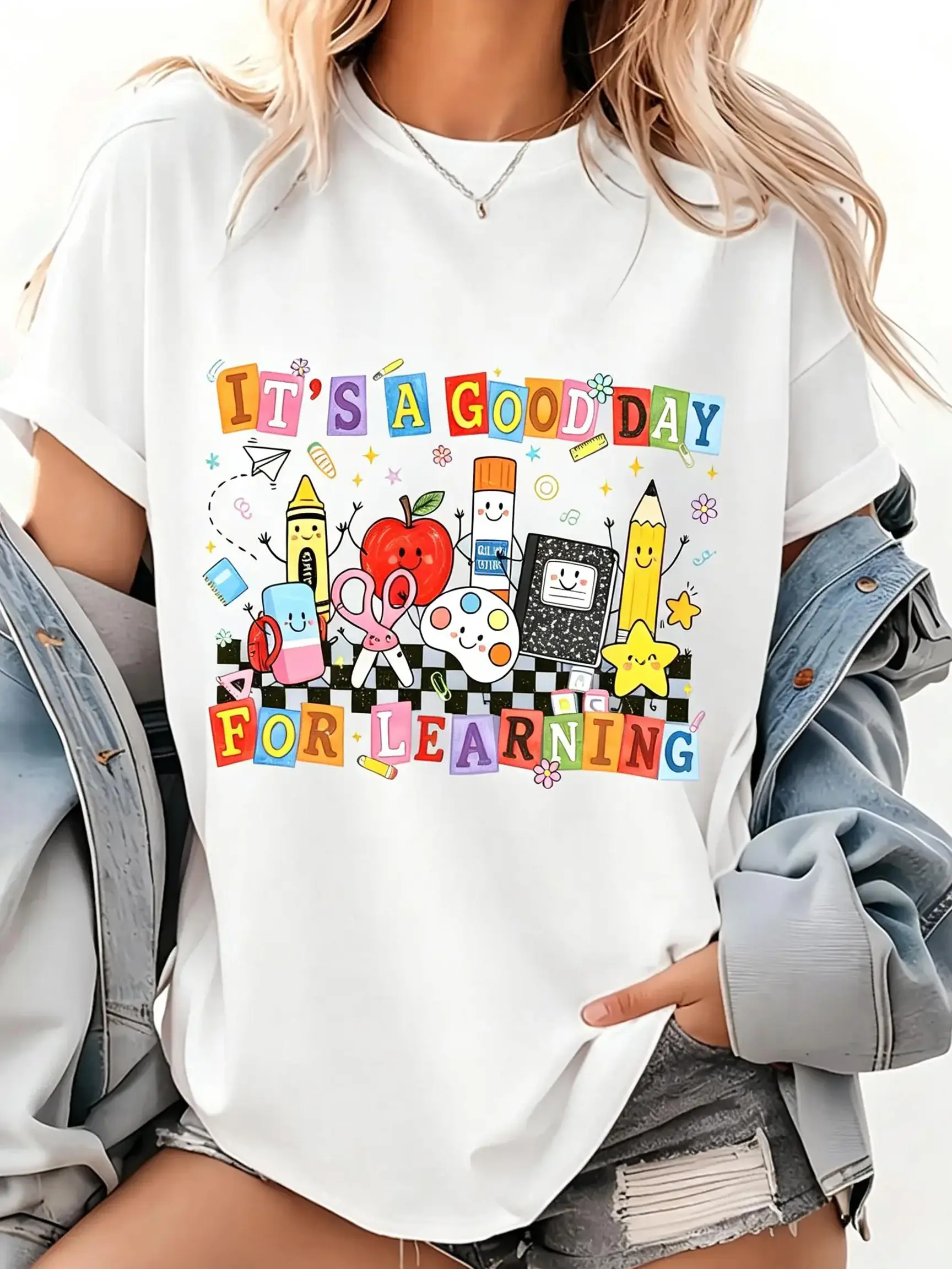 Back to School T-Shirt, Happy First Day of School Tee, Cute School Supplies, Teacher T-Shirt cotton tee