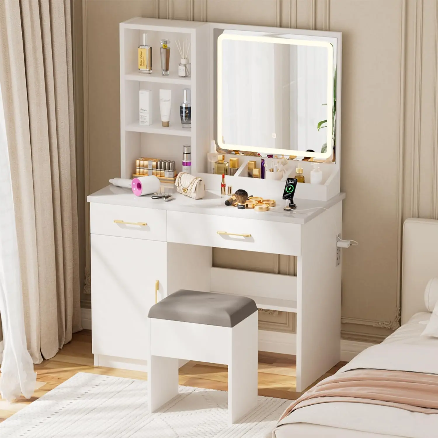 32" White Vanity Table Set, LED Makeup Vanity with 3-Tone Lighted Mirror, Power Outlet Fast Charging Station, Split Storage and Cushioned Stool, Makeup Dresser for Bedroom