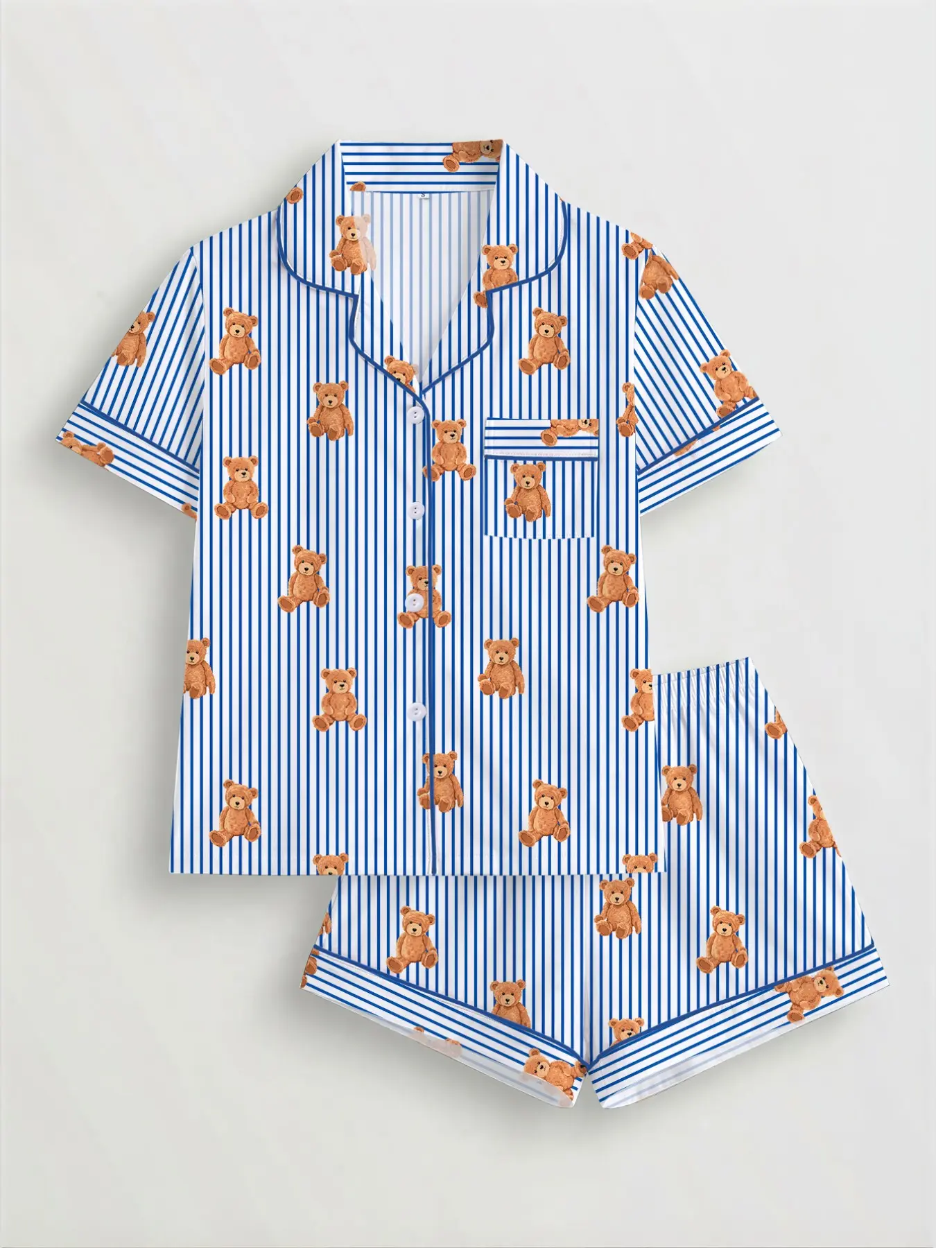 Women's Bear Print Pajama Set, Short Sleeve Button-Up Top & Elastic Shorts, Casual All-Season Sleepwear, Comfortable Home Wear, Loungewear, Striped Print Pajama