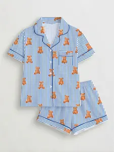 Women's Bear Print Pajama Set, Short Sleeve Button-Up Top & Elastic Shorts, Casual All-Season Sleepwear, Comfortable Home Wear, Loungewear, Striped Print Pajama