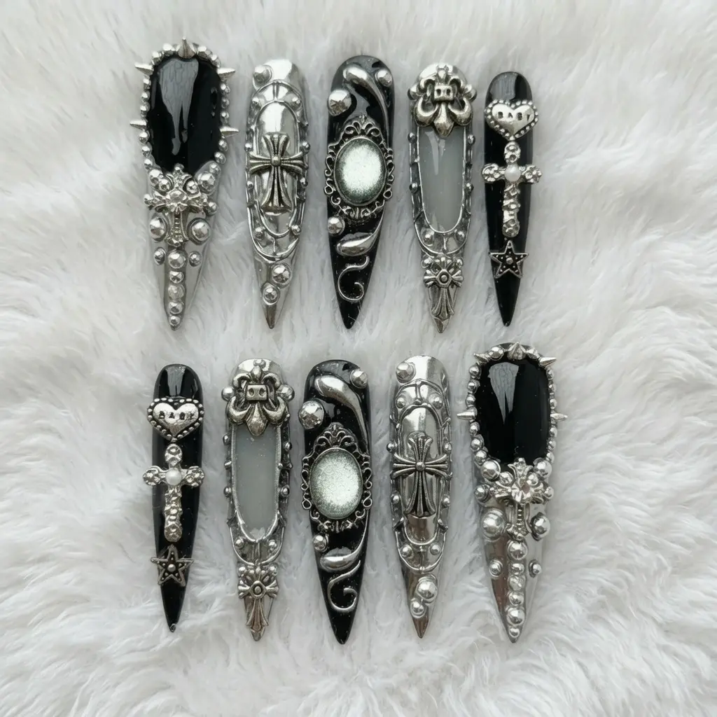3D Gothic Silver Cross Press On Nails Long Stiletto - Black Ornate Luxury Nails | Handmade Statement Nail Set