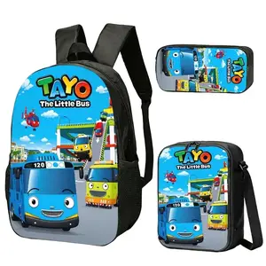 Cute Cartoon Bus 3-Piece Backpack Set, Vibrant City Transport Printed Bookbag, Shoulder Bag & Pouch, Lightweight Daypack for School, Commute, Travel, Daily Use, Colorful Urban Bag for Teens Adults, Unique Gift