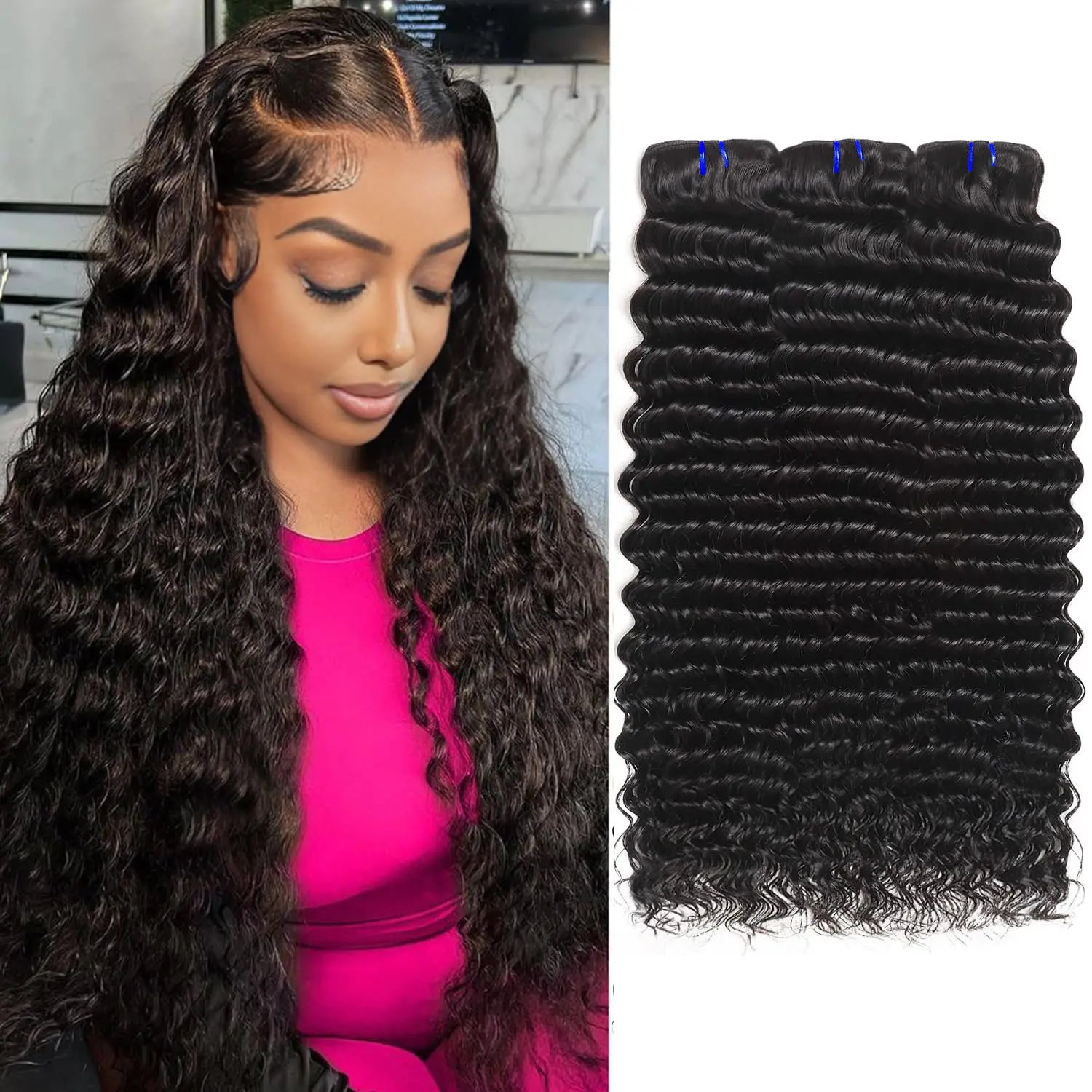 Charmanty 100% Human Raw Unprocessed Virgin Salon Quality Thick Hair Extensions, 1-4 Bundles Silky Deep Wave Weave Pieces, Natural Looking Hair, Premium Human Hair