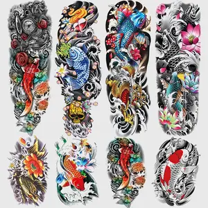 8 Sheets Full Arm & Half Sleeve Temporary Tattoos, Colorful Koi Skull Floral Designs, Waterproof Realistic Body Art Stickers for Men Women