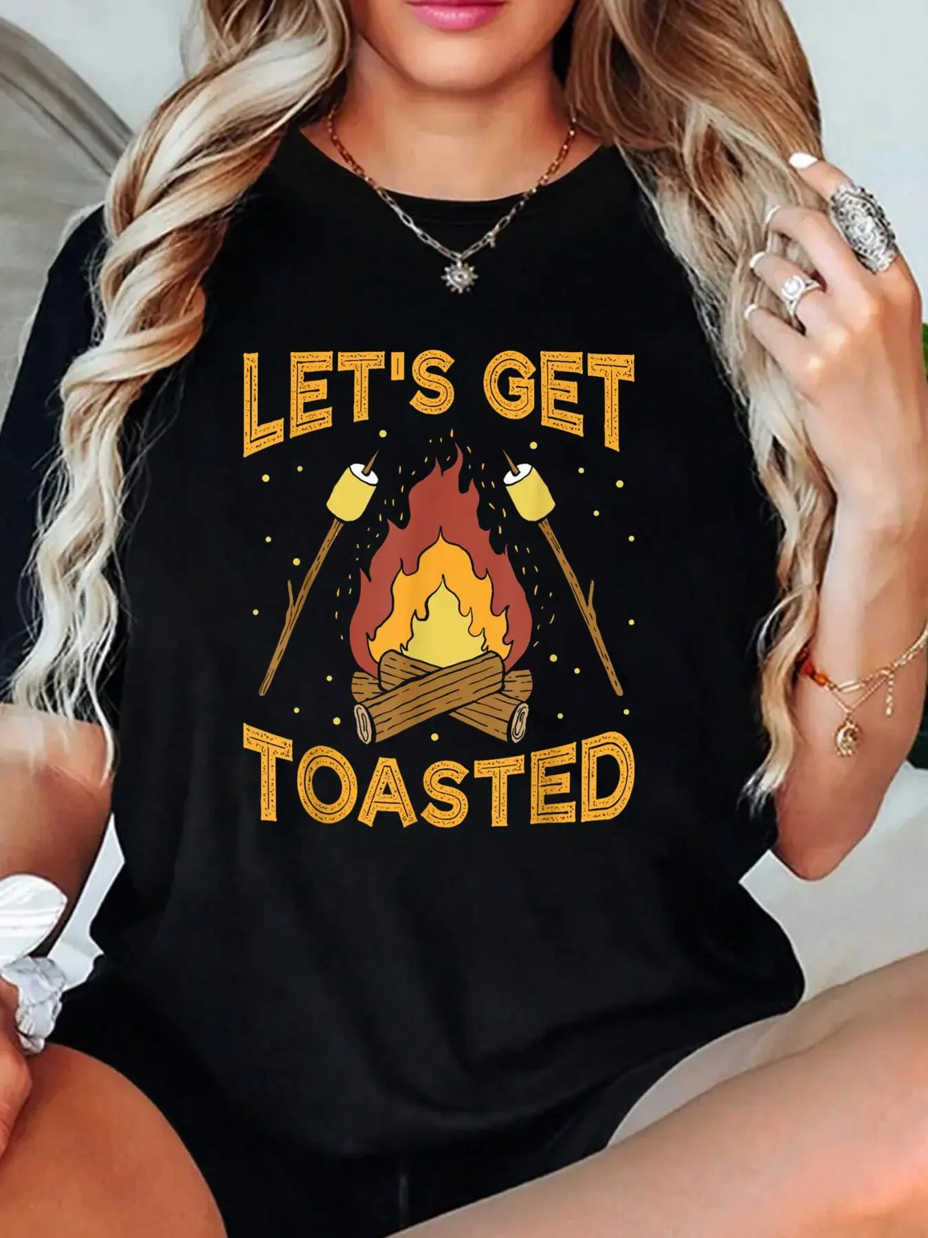 100% Cotton T-shirts Let's Get Toasted Fun Camping Bonfire Campfire Outdoor T-Shirt