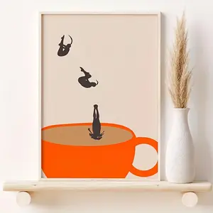 1 Piece Vintage Coffee Drink Canvas Print Wall Art ​     - Modern minimalist kitchen decor with black silhouette and orange background. Frameless polyester artwork for office, classroom, or home decoration. Ideal for kitchen walls and room embellishment.
