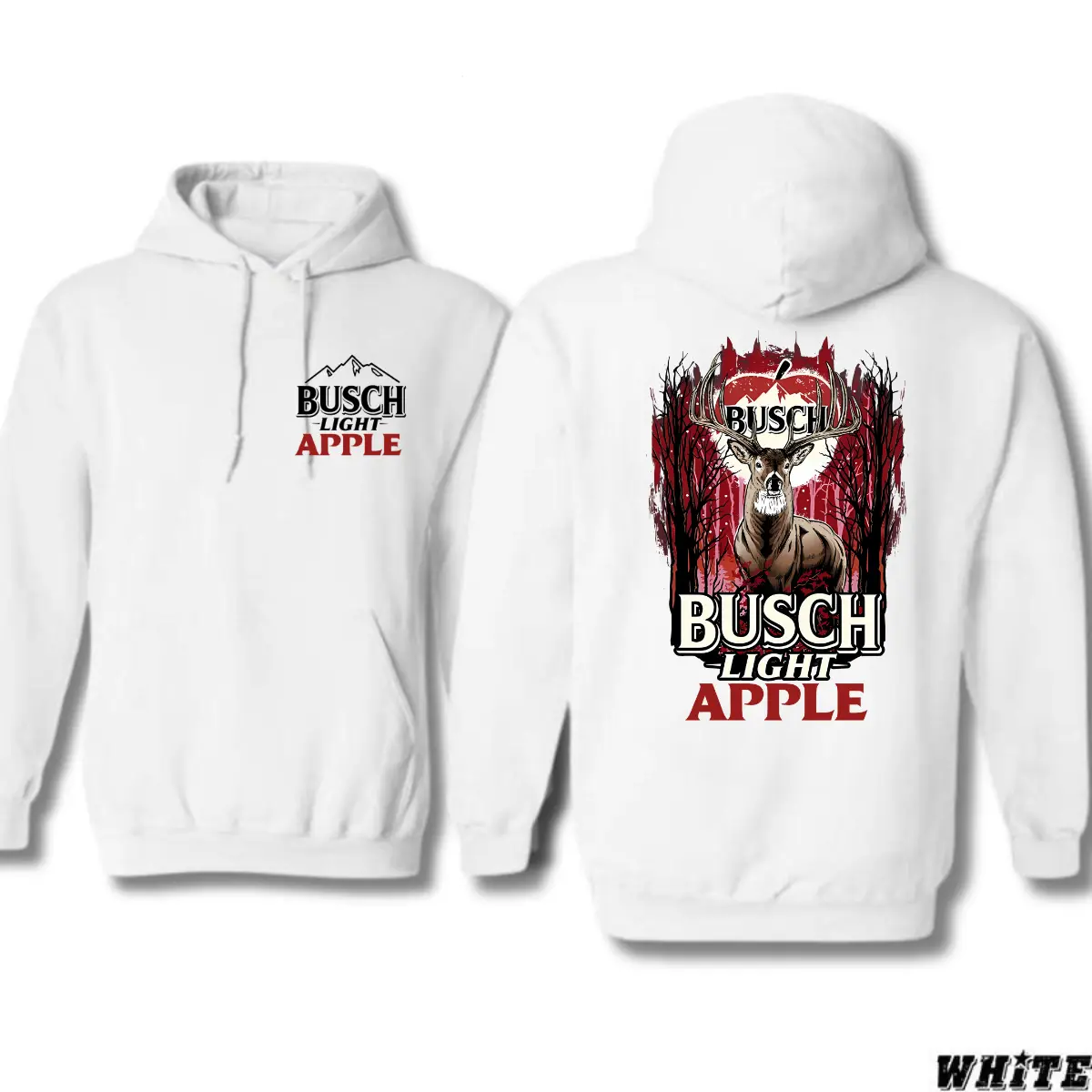 Buschhh Light Apple Hunting Hoodie – Official Beer Merchandise for Hunters and Outdoorsmen, White Cotton Tee with Chest Logo, Large Deer and Apple Graphic on the Back