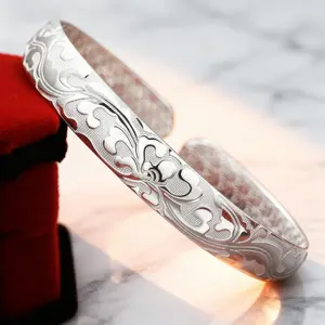 Vintage 925 Sterling Silver Flower Bangle – Fashion Trendy Classic Bracelet With Beautiful Engraving,All-match For Special Occasions