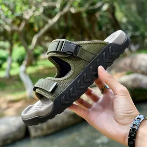 Men's Lightweight Breathable Sandals with Hook and Loop Closure Design, Open Toe, All-Season Outdoor Beach, Hiking Shoes - Green Fabric, Black Rubber Sole, Adjustable Strap, Comfortable PU Insole