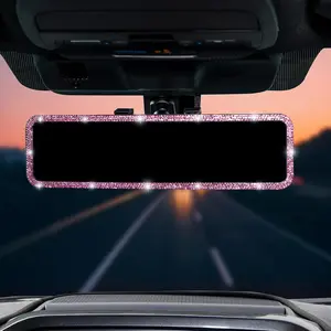 Car Rear View Mirror, Universal 11.81 Inch Panoramic Rearview Mirror Accessories with Rhinestones Crystal Diamonds for Women, Interior Clip-on Wide Angle Rear View Mirror -Pink