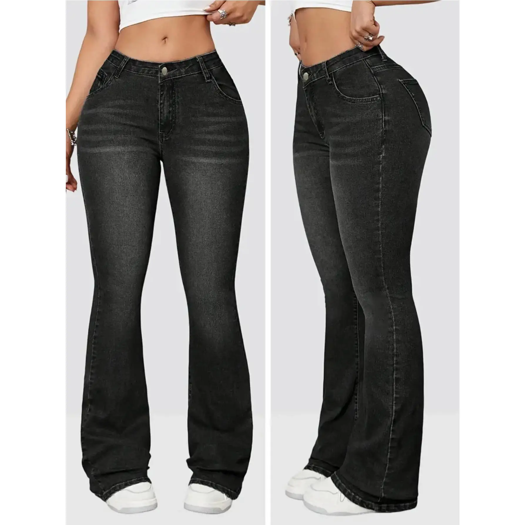 Plus Size Flare Jeans for Women, Vintage High-Waisted Oversized Cut in a Cropped Length, Stretch Viscose Cotton Denim with Pockets, Streetwear, Baggy, Plus Size Clothes, Elastane, High Stretch Denim, Fabric, All-Season, Bottoms, Curvy Women Plus Size