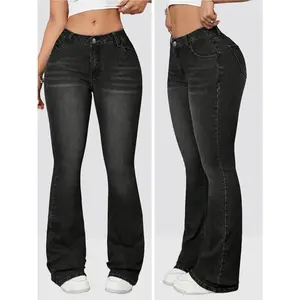 Women's Plus Size High-Waisted Stretch Flared Jeans - Vintage Black Tight-Fitting Bell-Bottoms with 9/10 Length, H-Line Silhouette & Built-In Zipper Closure, All-Season Elegant Casual to Semi-Formal Pants (Machine Washable)