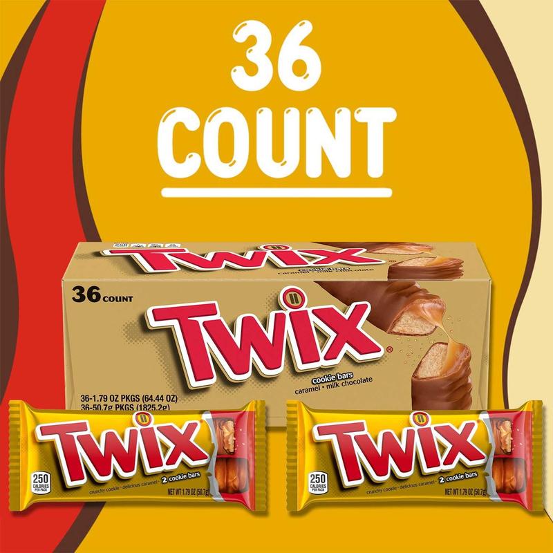 Twix Caramel Cookie Chocolate Candy Bars Full Size 1.79 oz 36 pk Individually Wrapped Snack for On-the-Go Enjoyment Bonbon Sweet