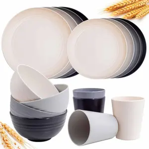 Wheat Straw Dinnerware Sets, 16PCS Plastic Dinnerware Set for 4, Wheat Straw Plates and Bowls Sets, Unbreakable Dinnerware Plastic Microwave Safe Dishes Set for Kitchen&Camping