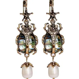 Beetle Bug Scarab Vintage Jewelry Drop Dangle Earrings for Women with Unique Beetle Design and Abalone Shell Pendant Gift Egyptian Statement Pieces