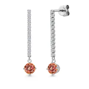 14K White Gold Ecstasy Mystic Topaz and White Lab Grown Diamond Long Liner Dangle Earrings for Women | 2.36 Cttw | Gemstone November Birthstone | Round 5MM | White Gold Chain Drop Earrings