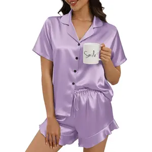 Silk Pajamas for Women Button Down 2 Piece Satin Pjs Shorts Set Ruffle Notch Collar Sleepwear Loungewear