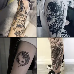 6 Large Herbal Tattoo Stickers, Including Tai Chi, Geisha, Koi Fish, Floral Elements, 2 Random Styles, Lasts 7-15 Days, Waterproof and Durable, Realistic Effect, Suitable for Those Afraid of Pain and Not Wanting Tattoos