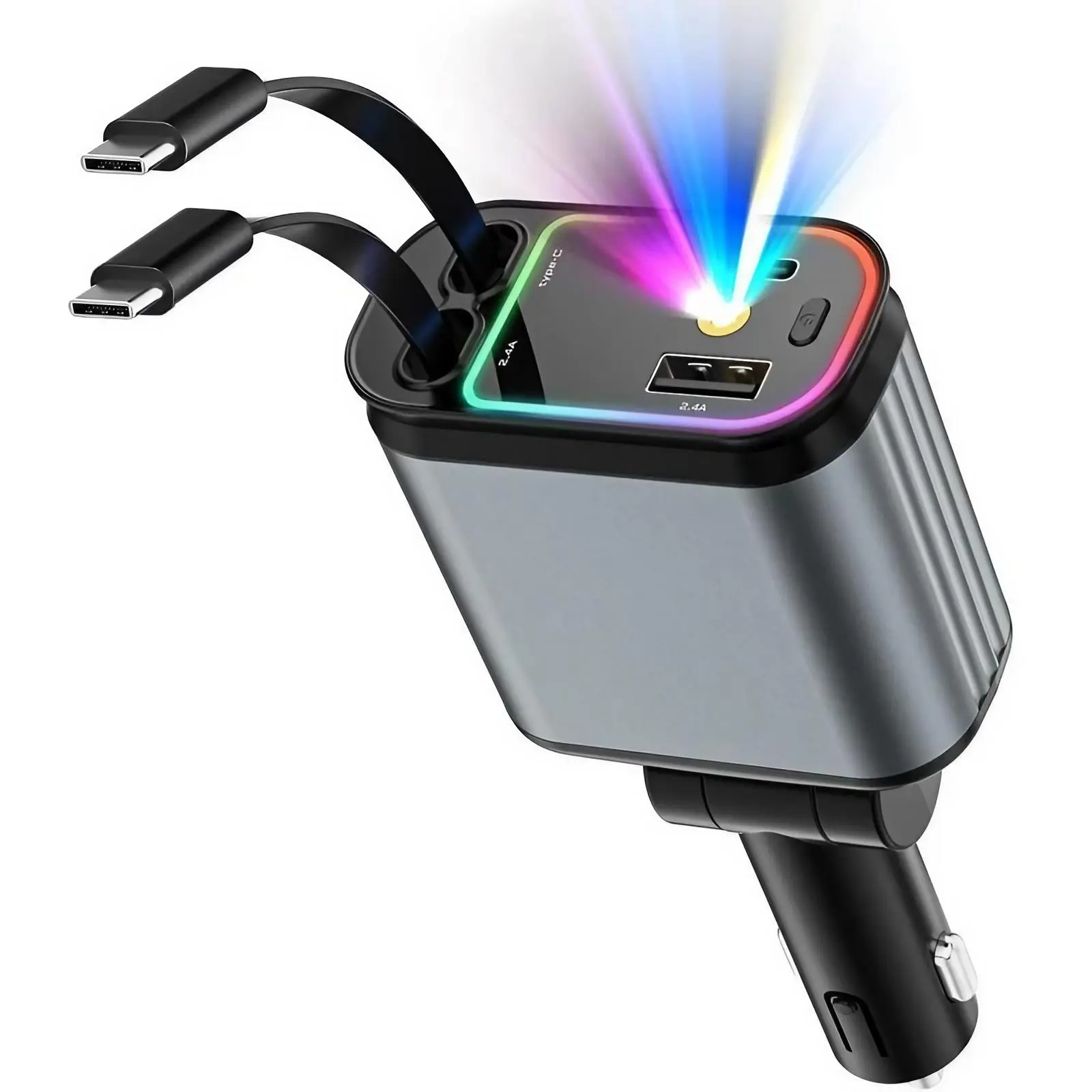 4 in 1 Car Charger, 66W Max Fast Charging Adapter with Dual Retractable Type C Cable, Car Charger Compatible with Samsung Galaxy S23/S22, Google, Car Phone Charger