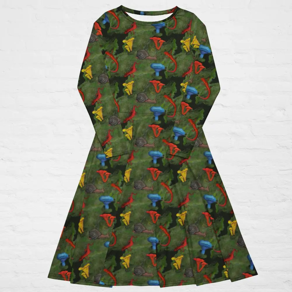 Newt Snail and Mushroom Art All-over print long sleeve midi dress