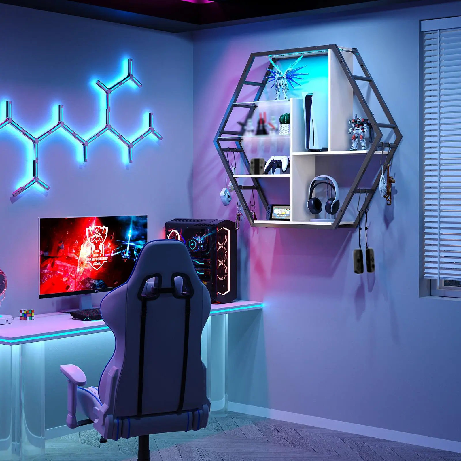 39 inch Wide Gaming Floating Shelves with LED Lights, Wall Decor Shelf with Adjustable Glass Shelf, Wall Shelf with 8 Key Hooks, Teen Room Decor, Wall Display Shelf for Collectible Living Room Game Room White
