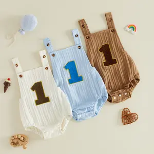 Baby Girls Boys First Birthday Romper Sleeveless Number Embroidery Overalls Playsuit