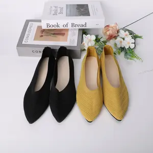 Women's Pointed-Toe Flat Shoes - Yellow Solid Color Knitted Casual Shoes Comfortable Breathable Ballet Mesh Design for Everyday Wear & Business Settings