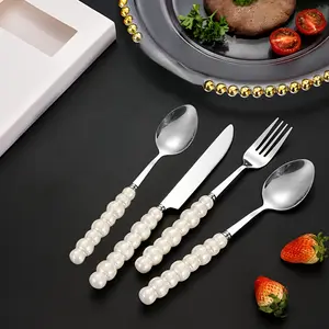 Stainless Steel 4count Set with Ceramic Pearl Handle Knife, Fork, Spoon, Serving Spoon, Steak Knife, Souvenir, Flatware Set, White Dinnerware, Ergonomic Pearl Handle, Suitable for Home/Camping/Travel, Weddings