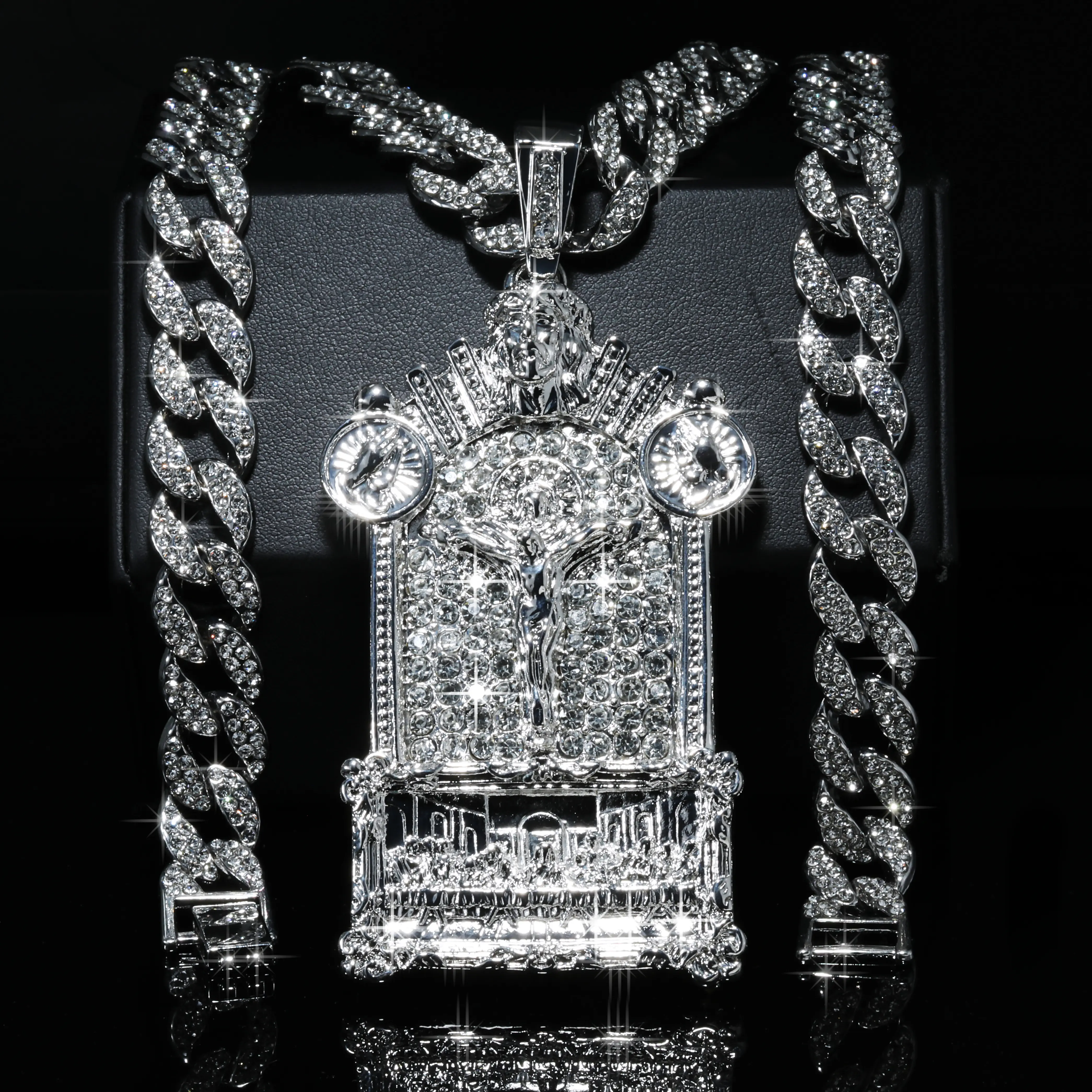 Blingkingstar - 925 Silver-Plated Large Jesus Last Supper Pendant & Silver Cuban Chain Necklace For Men, Fully Iced - Diamond Chain Link, hip-hop style, Fashion Jewelry, Religious Adult Jewelry, Fashion Accessory Chain Gift, Chains, Accessories