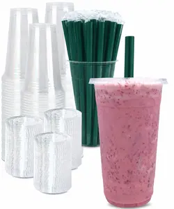 Summer Wins 50Pack 32oz Thicker Clear Plastic Cups with Lids and Thicker Straws with Paper-wrapped Disposable Drinking Cups Totally Satisfied Large capacity for Cold Drinks, Iced Coffee, Milkshakes, Smoothies
