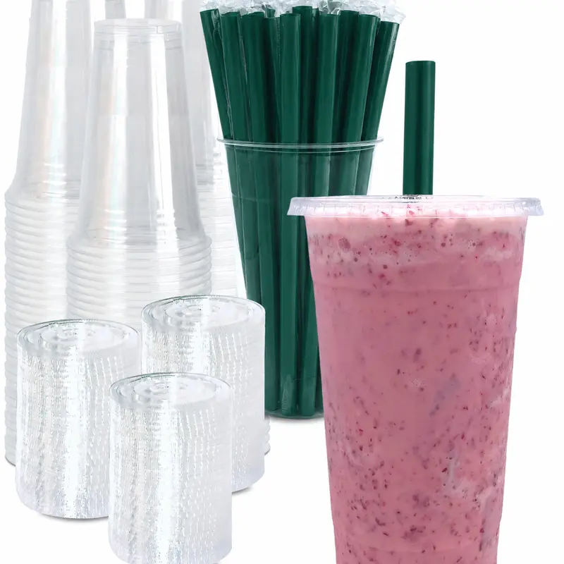 Summer Wins Kesaplan 50Pack 32oz Thicker Clear Plastic Cups with Lids and Thicker Straws with Paper-wrapped Disposable Drinking Cups Totally Satisfied Large capacity for Cold Drinks, Iced Coffee, Milkshakes, Smoothies