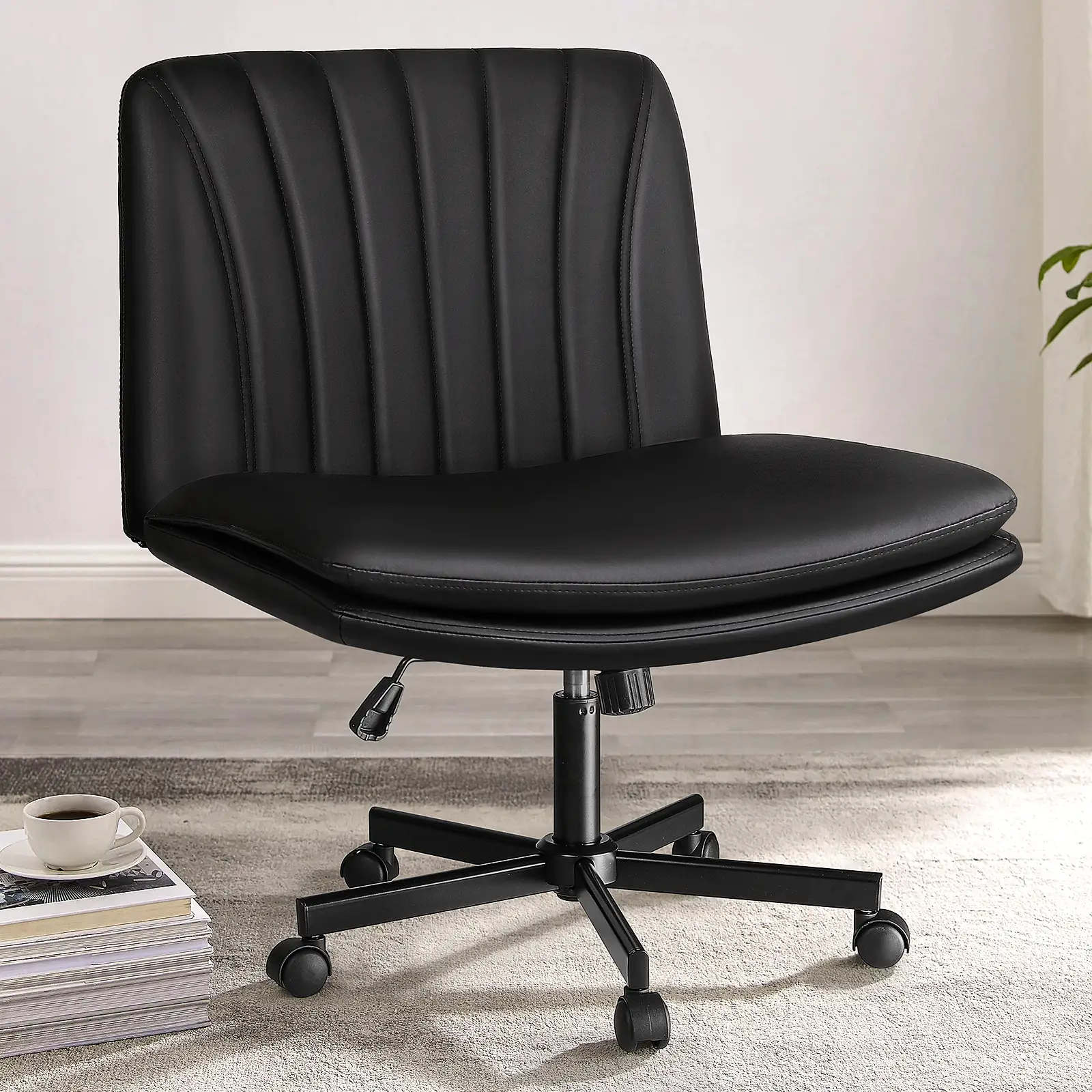PUKAMI Criss Cross Chair with Wheels,Armless Cross Legged Office Desk Chair,PU Leather Swivel Modern Comfy Vanity Adjustable Wide Computer Task Chairs